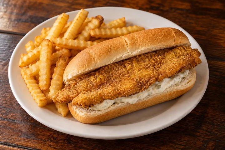 Illustrative fish sandwich on a hoagie roll with crinkle fries.