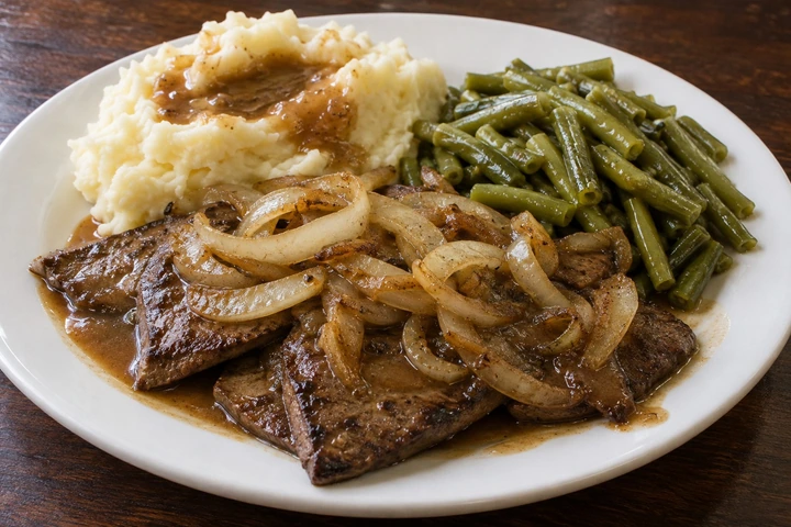 Illustrative plate of liver and onions with mashed potatoes and green beans.