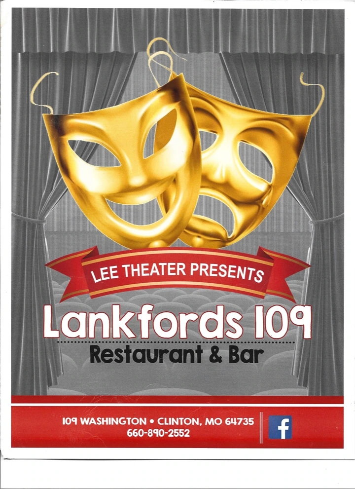 Original Lankfords 109 Restaurant and Bar menu cover with Lee Theater masks.