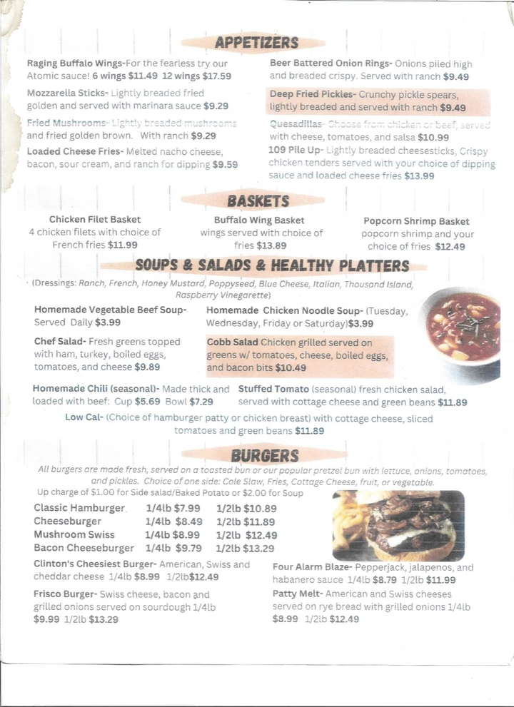 Original printed menu: Appetizers, salads &amp; burgers
