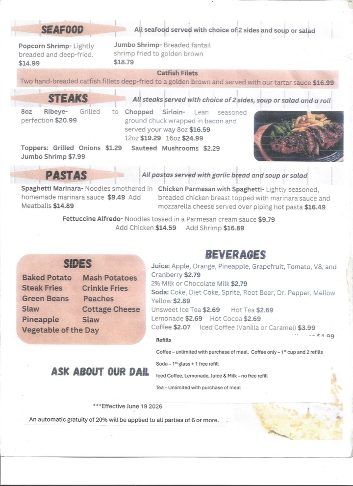 Original printed menu: Seafood, steaks &amp; beverages