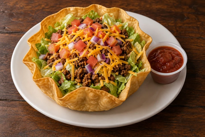 Illustrative taco salad in a tortilla bowl.