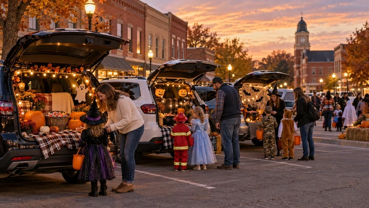 Illustration of decorated vehicle trunks and families in Halloween costumes on a small-town street.